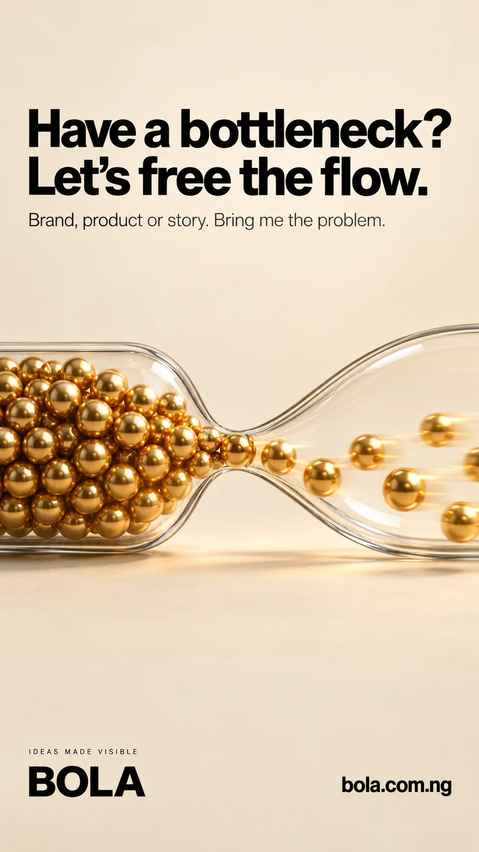 BOLA concept: Golden beads gather in a glass vessel before passing through a narrow opening.