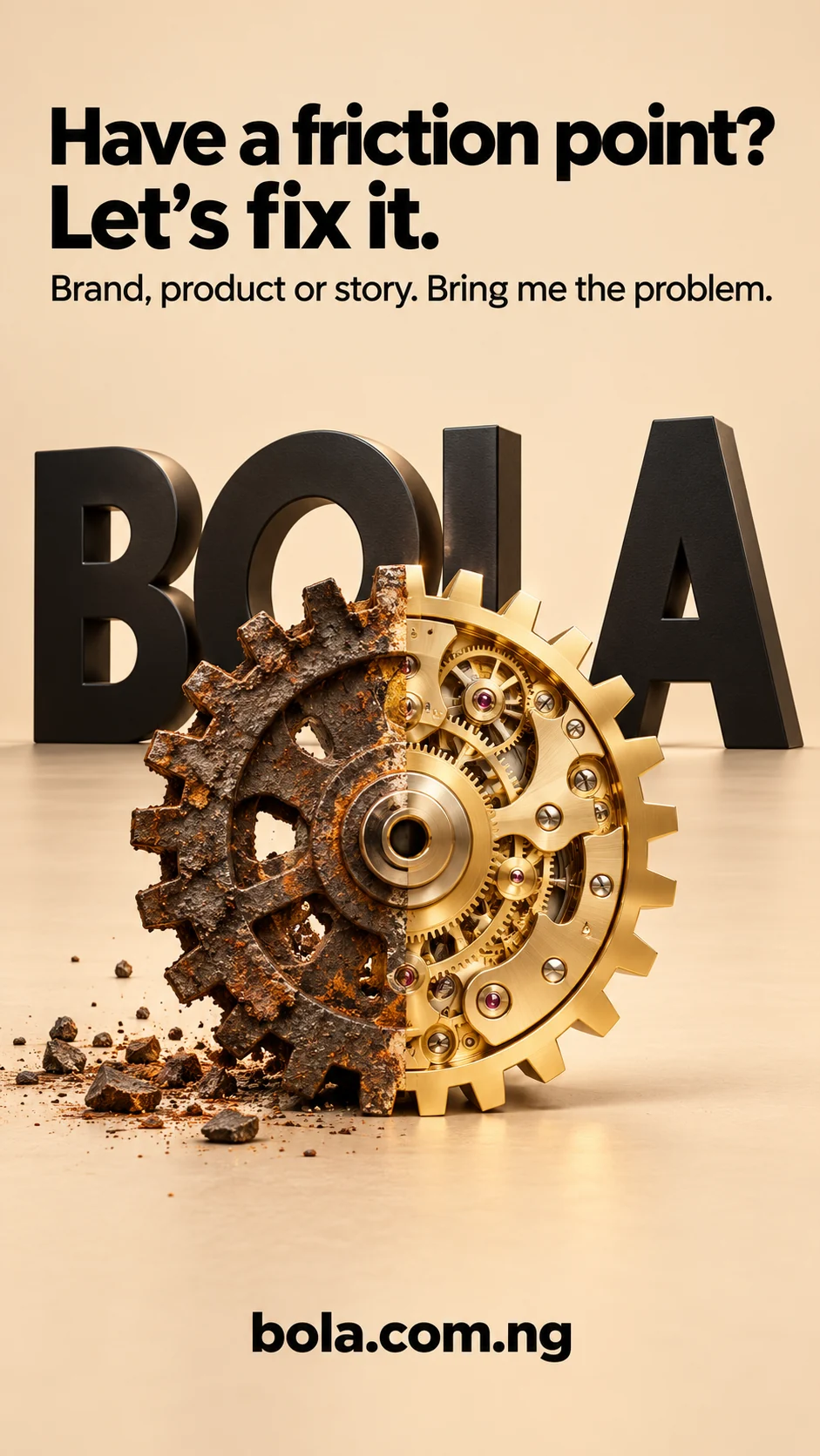 BOLA concept: A broken, rusted gear becomes a precise golden gear.