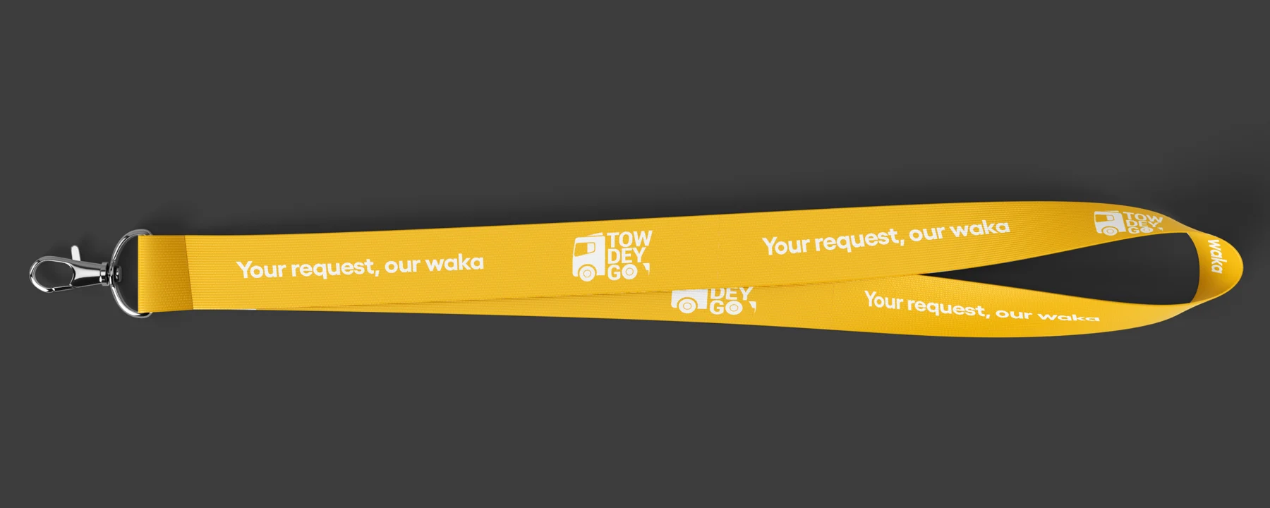 Yellow TowDeyGo lanyard mockup with Your request, our waka line