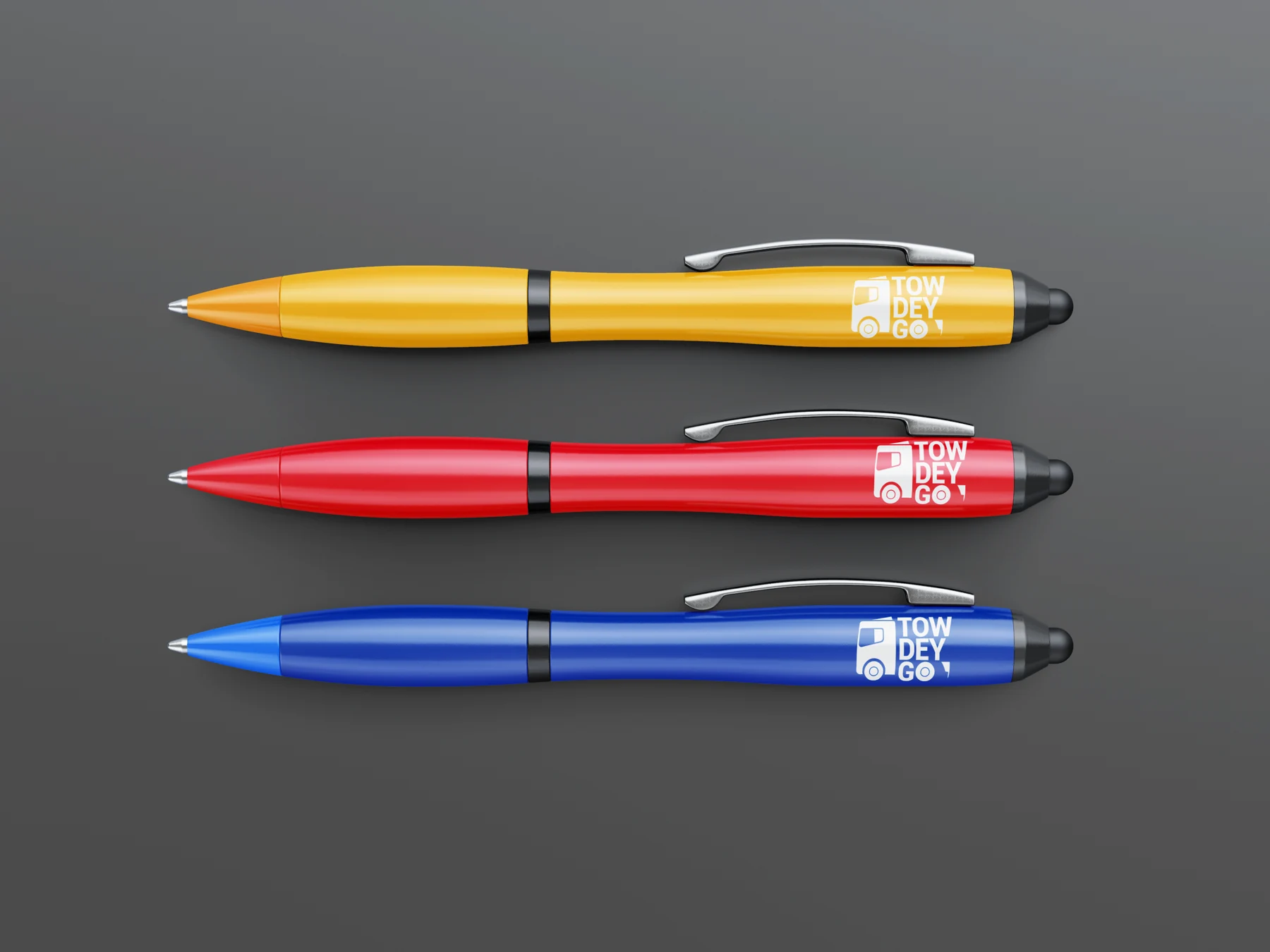 Yellow red and blue TowDeyGo pen mockups